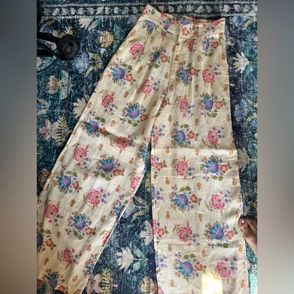 Spell Solstice Floral Wide-Leg Linen Pants - Cream and Pink